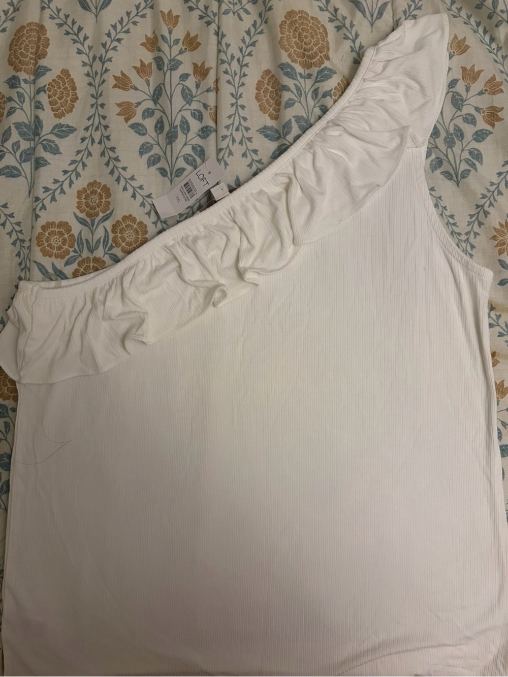 LOFT One-Shoulder Ruffle Ribbed Top — White
